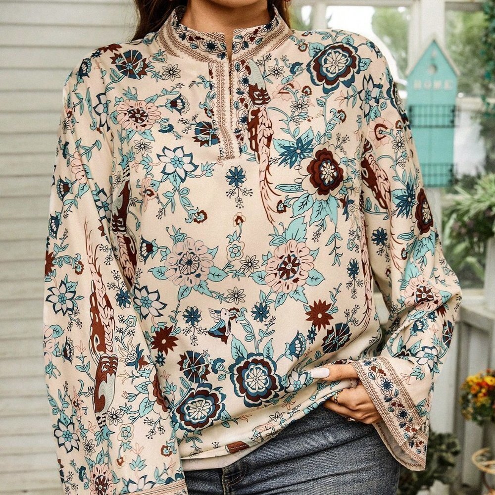 Multicolor Boho Women's Floral Print Full Sleeve Bell Sleeve Blouse - Picture 4 of 5